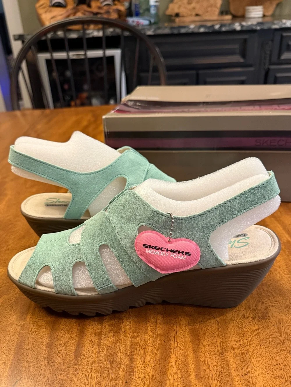 SKECHERS women’s Parallel Stylin Suede Wedge Mint Green Sandals